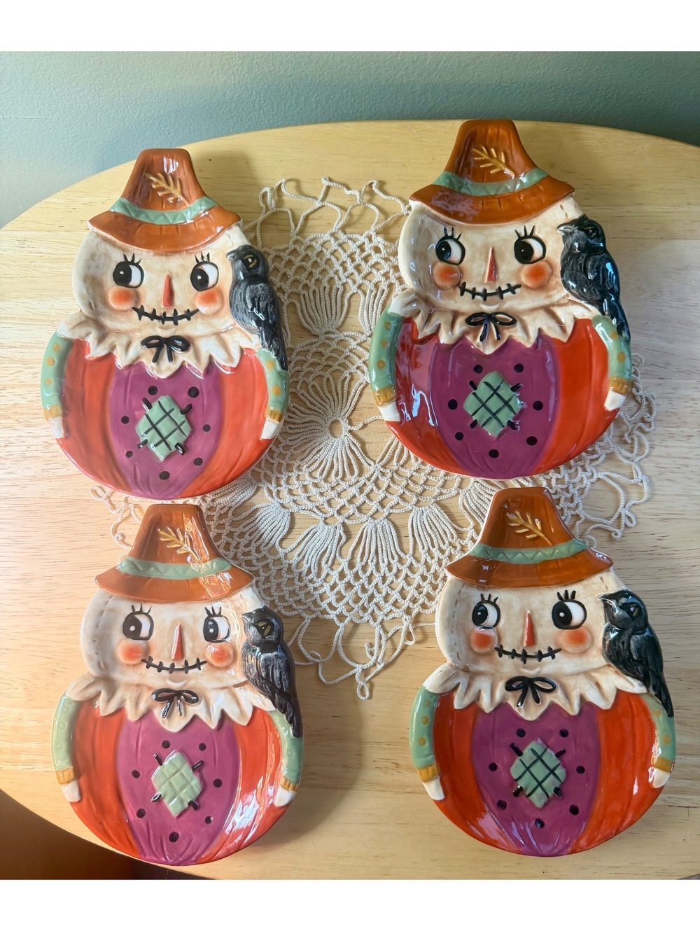 Set of 4 Johanna Parker Scarecrow Ceramic Plates with Crow Accent